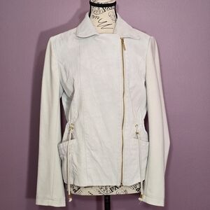 IMAN Off White Leather Suede Moto Adjustable Waist Jacket XS